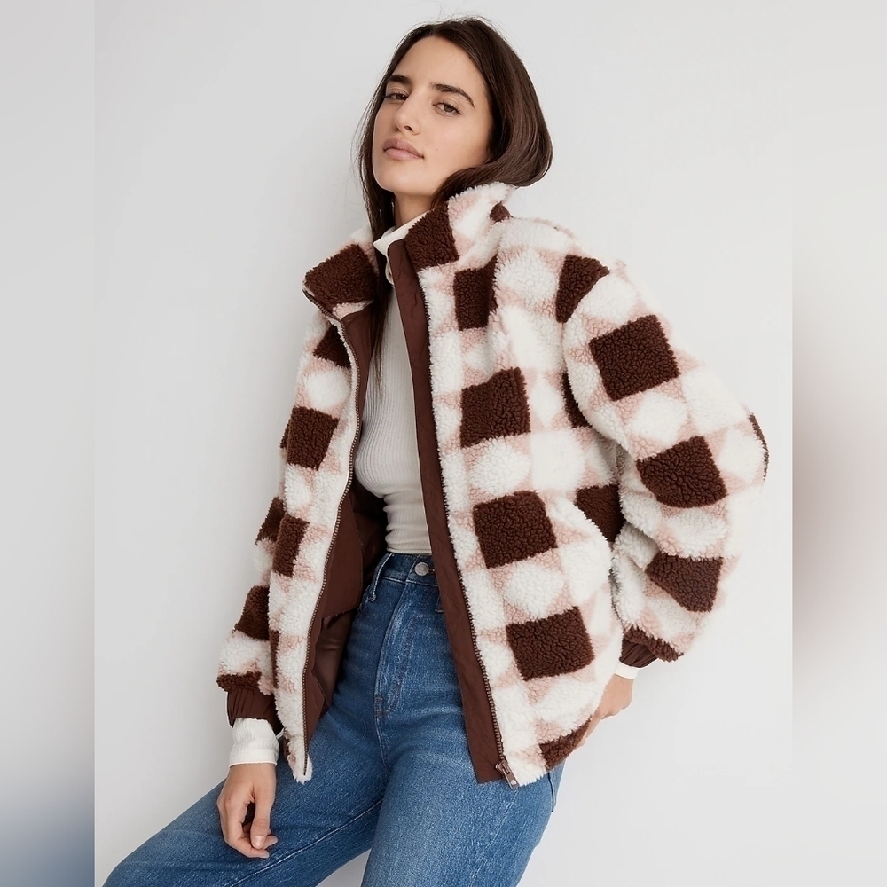 Madewell Sherpa quilted bomber women's jacket in patchwork stars XS white brown - Picture 3 of 11
